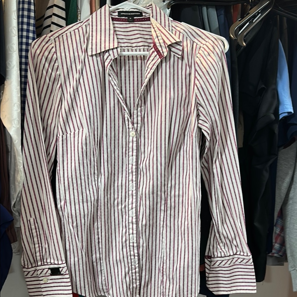 Express Red and White Casual Button Down Shirt
